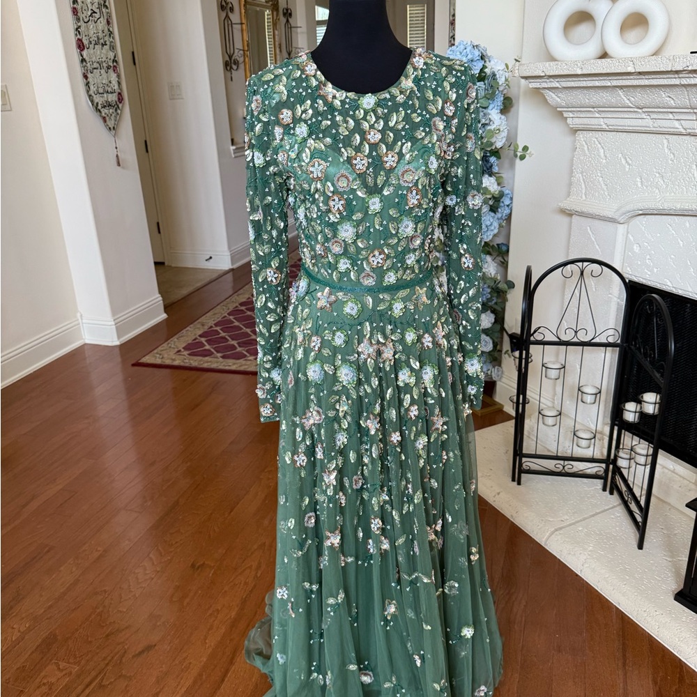 Mac Duggal Green Embellished High Neck Long Sleeve A line Gown